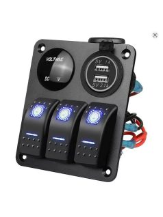 Kapcsolótábla 3 kapcsolóval +LED+USB+voltmérő